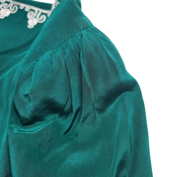 Miss D By Oscar de la Renta Emerald Silk Blouse White Embroidery Vintage 8 - Picture 12 of 12